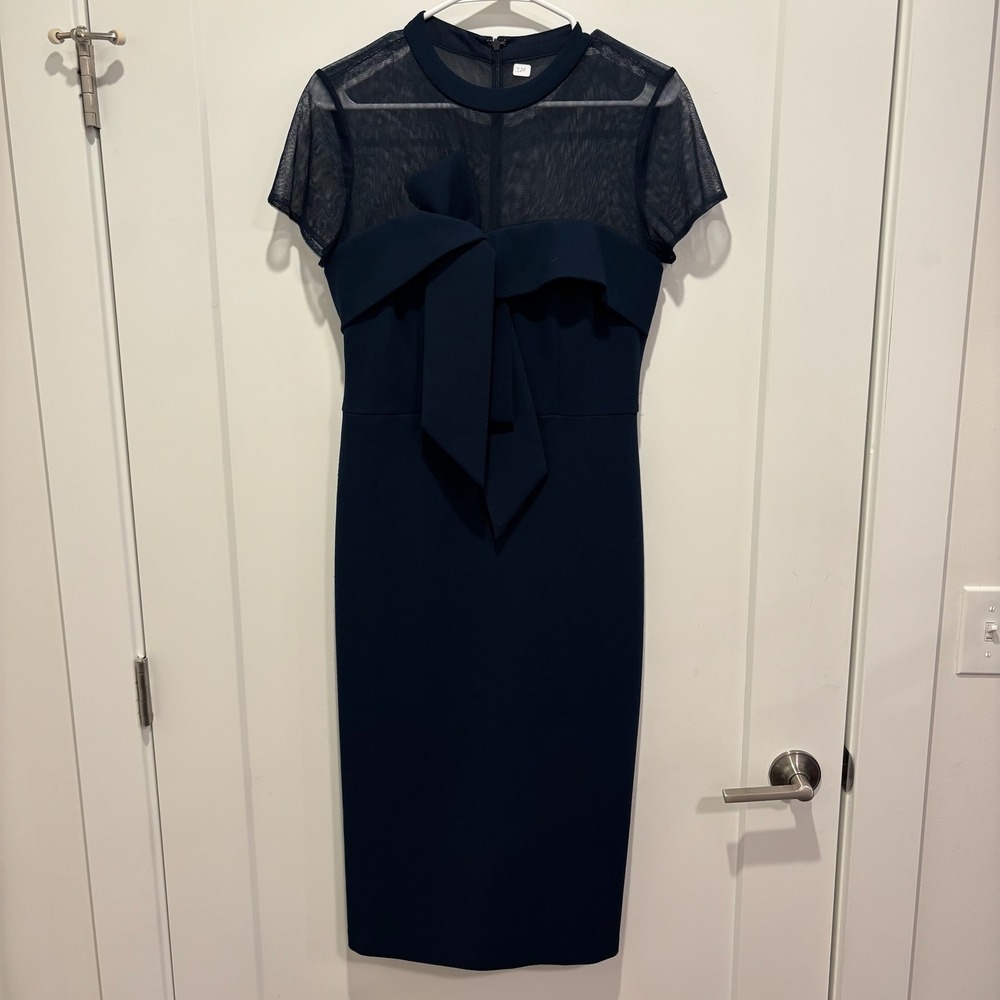 JS Collections Roselle Bow Midi‎ Dress Navy Blue Sheere Casual Womans Size 6